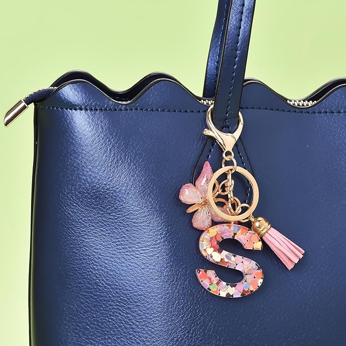 Fashion Alphabet Initial Letter Keychain Tassel Butterfly Pendant Key Ring for Purse Handbags Women Girl