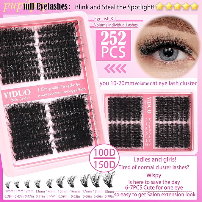 YIDUO Lash Clusters Kit 100D+150D 10-18mm Cat Eye Eyelash Extensions Kit Volume Wispy C/D Curl Left & Right Individual DIY Lash Extension Kit with Glue |Tweezers |Removers |Eyelash & Eyebrow Brush