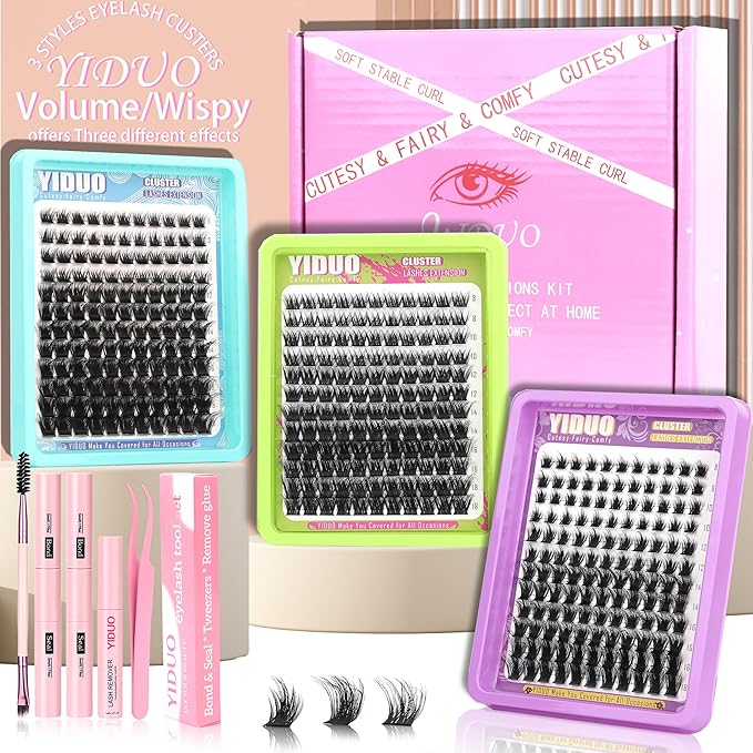YIDUO 3 Styles Lash Clusters Kit Bulk Packs with 2×Bond&Seal Volume/Manga/ultra/Dramatic Eyelash Extensions 8-18mm lashes Clusters Kit Wispy D Curl Individual Fake Eyelashes Kit DIY at Home Easily