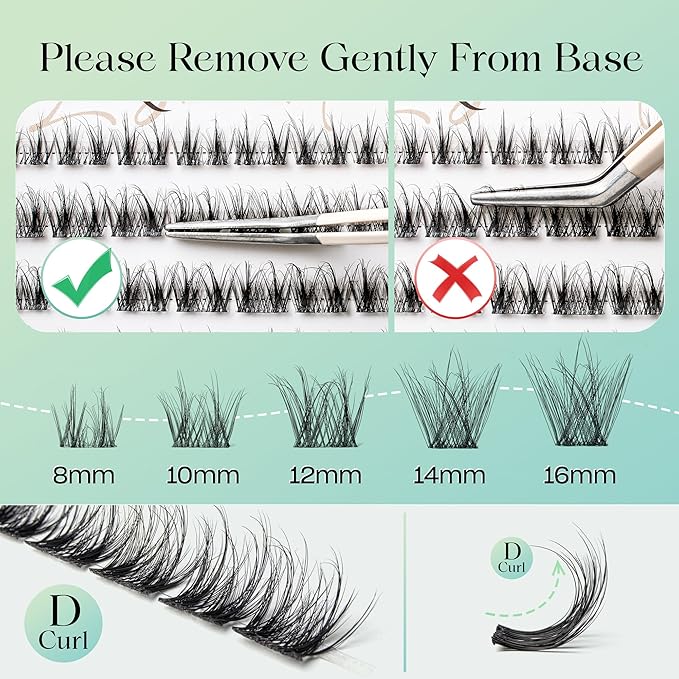 VYRILA Lash Clusters 0.05mm Individual Lashes, 3D Wispy Lashes Clusters, 0.1mm Super Thin Band Resuable Natural Lashes,D Curl Faux Mink Lashes,120pcs Lash Extension (Green Joy-D-0.05-8-16mix)