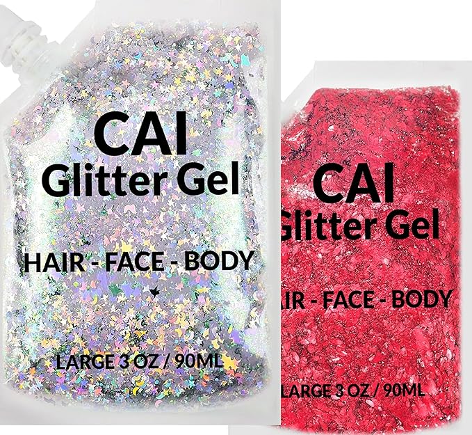 Face, Body & Hair Glitter Gel – Halloween Glitter for Kids and Women – 3 Oz Cosmetic-Grade Gel w/Moon & Stars for Festivals & Halloween Party, Easy Apply & Wash Off - Red/Silver 2Pack
