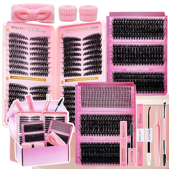 Lash Clusters Kit Eyelash Clusters Kit 3D Effect Cluster Eyelash Extensions Large Pack Cat Eye Lashes Clusters Lash Extension Kit Pestañas Postizas Naturales+Lash Bond&Seal,Remover,Tools(Lash Kit-9)
