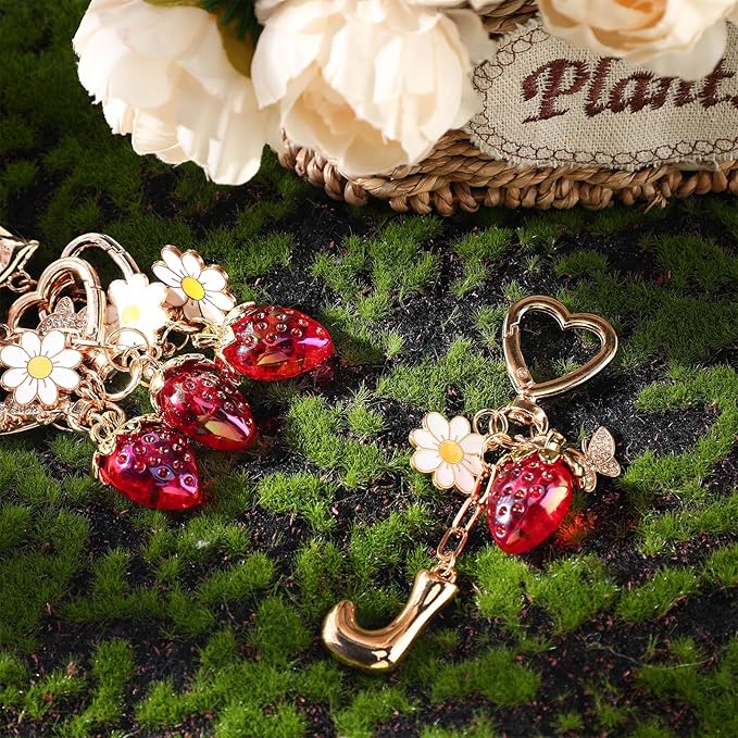 Strawberry Initial Keychain for Women-Cute Kawaii Gold Alphabet Bag Charms, Key chain Gift for Purse Handbag