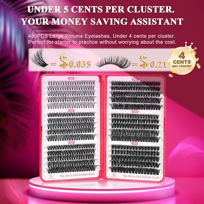 Bombshell PLUS 570Pcs Fluffy Lash Clusters - 10-18mm Thick D Curl Eyelash Clusters (200D Volume) - DIY Eyelash Extensions at Home - Perfect for Women's Natural & Glam Looks with dark skin