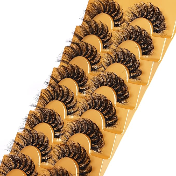 Focipeysa False Eyelashes Fluffy Mink Lashes Natural D Curl Lash Strips Look Like Extensions 17mm Wispy Crossed Cat Eye Lashes 8 Pairs Pack