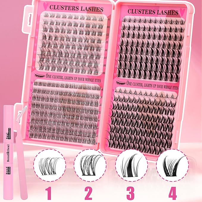 Gmagictobo Wispy Lash Clusters Kit Natural Lashes Clusters Fairy Manga Lash Clusters Wet-Look Spiky Anime Lashes Pack 392 Pcs C/D Curl Individual Lashes Lash Bond and Seal Lash Tweezers