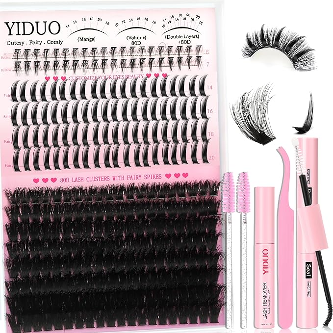80D Volume Lash Clusters Kit with Long 14-16mm Lashes Spikes+Bottom Clusters Eyelash Extension Kit 280Pcs D-curly Wispy Individual Lash Extensions Kit DIY Spiky Lash Bond and Seal by YIDUO
