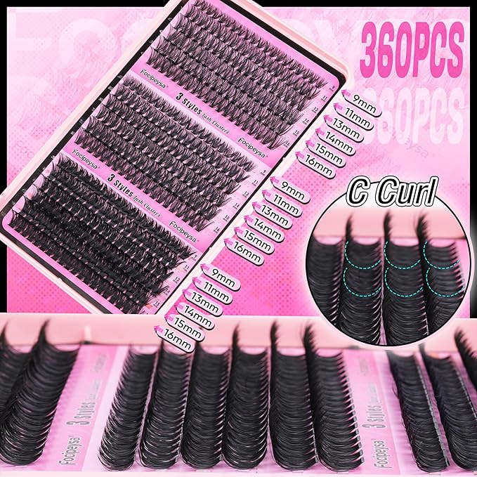 Focipeysa Fluffy 360pcs Lash Clusters 30P+40P+50P DIY Lash Extension Volume Thick Clusters Lashes D Curl Eyelash Extension 9-16mm Individual Lash for Self Application at Home