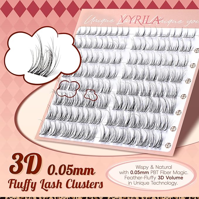 VYRILA Lash Clusters 0.05mm PBT Fiber Eyelash Clusters, 0.1mm Superfine Invisiband D Curl Diy Lash Extension, 80pcs 8-16mm Individual Lashes Clusters Like Eyelash Extensions (Divine-D-8-16Mix)