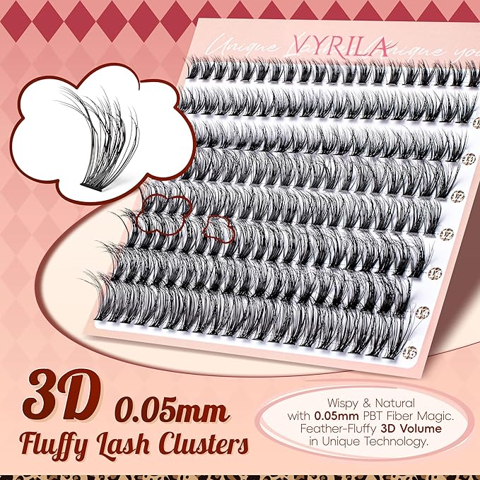 VYRILA Lash Clusters 0.05mm PBT Fiber Eyelash Clusters, 0.3mm Superfine Soft Band C Curl Diy Lash Extension, 160pcs 8-16mm Individual Lashes Clusters Like Eyelash Extensions (40P-C-8-16Mix)