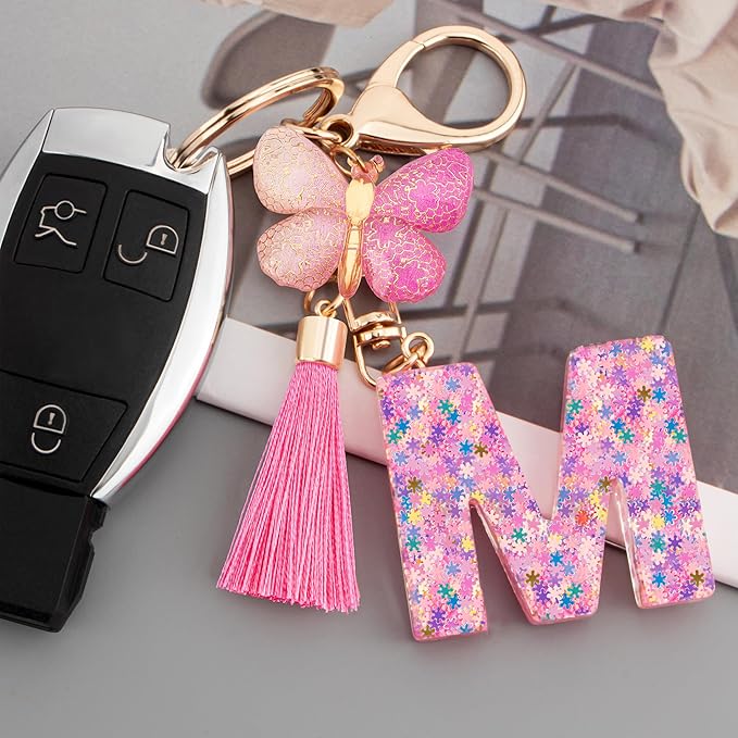 Suweibuke Cute Pink Key Chains for Women Girls, Initial Letter Keychains with Tassel, Charms for Key Purse Handbags Backpacks