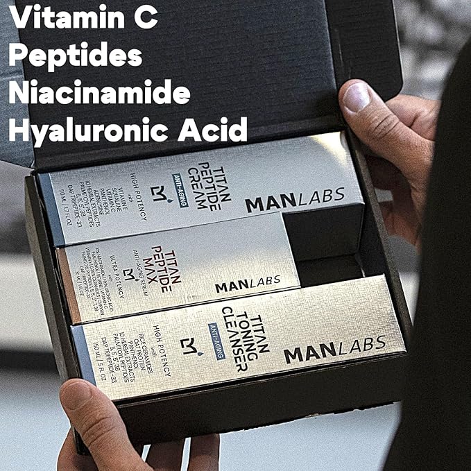 Man Labs Titan 3-Piece Anti-Aging Mens Skin Care Kit – Wash, Face Serum, Mens Face Moisturizer – Men, Skin Care Set – Dark Spots, Wrinkles, Fine Lines – Vitamin C, Peptides, Niacinamide, HA –Unscented