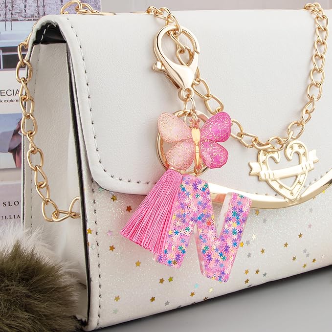Suweibuke Cute Pink Key Chains for Women Girls, Initial Letter Keychains with Tassel, Charms for Key Purse Handbags Backpacks