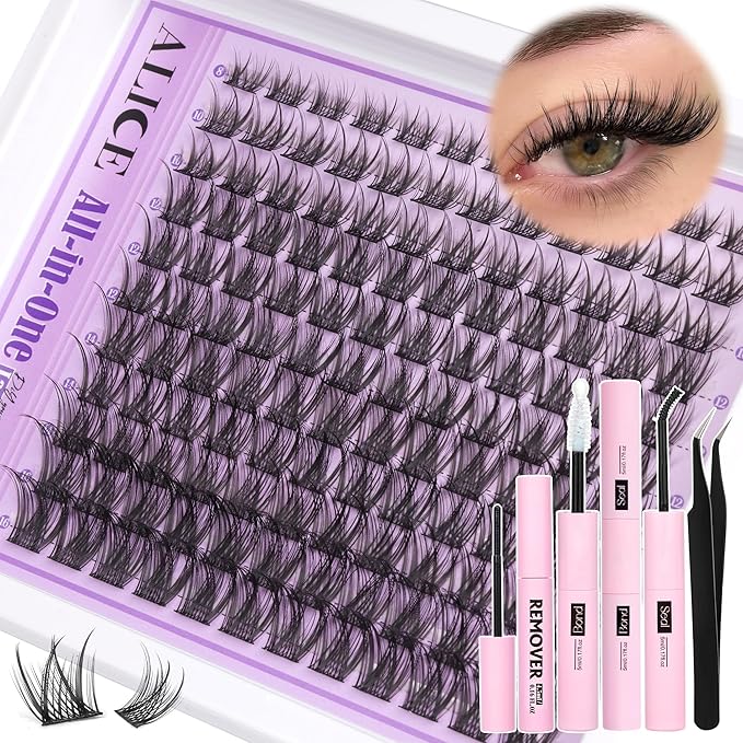 Wispy Lash Clusters Kit Natural Lash Extensions Kit DIY Cluster Eyelash Extensions C-Curly 8-16mm Individual Lashes Kit with Lash Remover Black Bond and Seal Soft Thin Band by ALICE