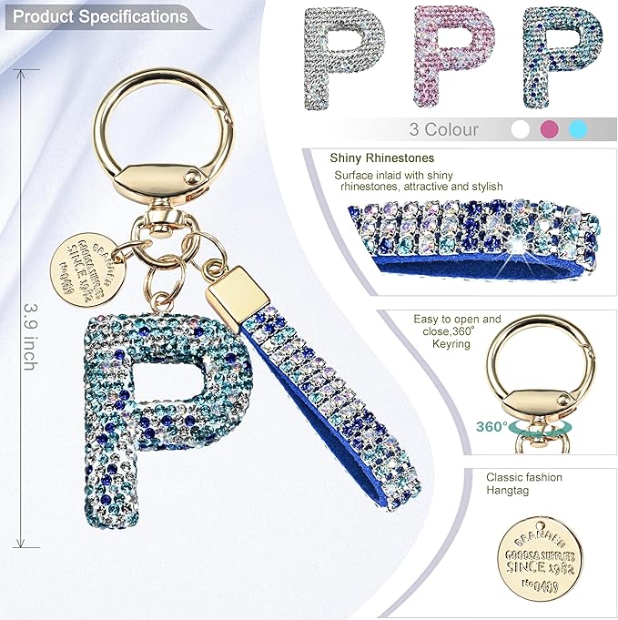 Pink Blue White Initial Letter Keychain Gift for Women Girls Bling Sparkly Cute Backpack Car Key Accessories Lanyard