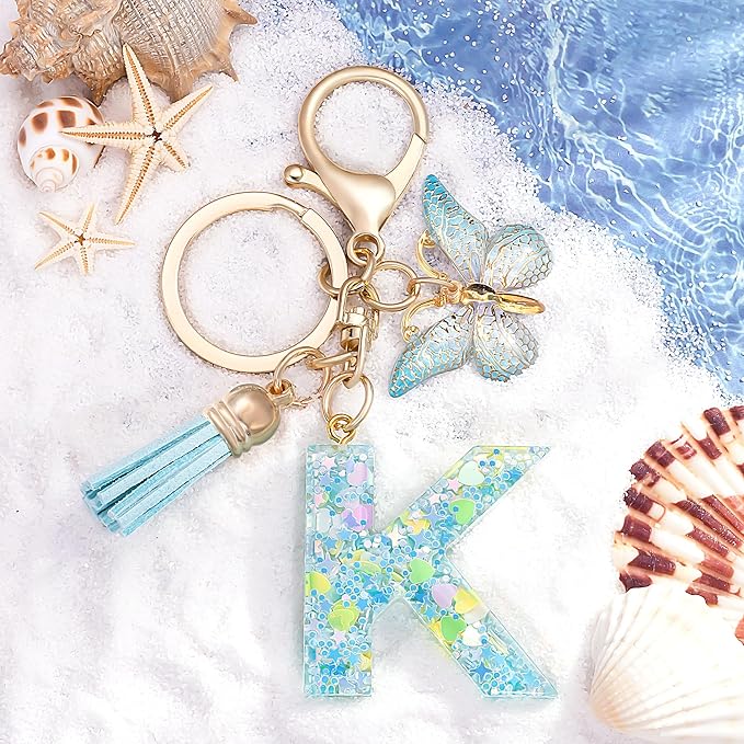 Fashion Alphabet Initial Letter Keychain Tassel Butterfly Pendant Key Ring for Purse Handbags Women Girl