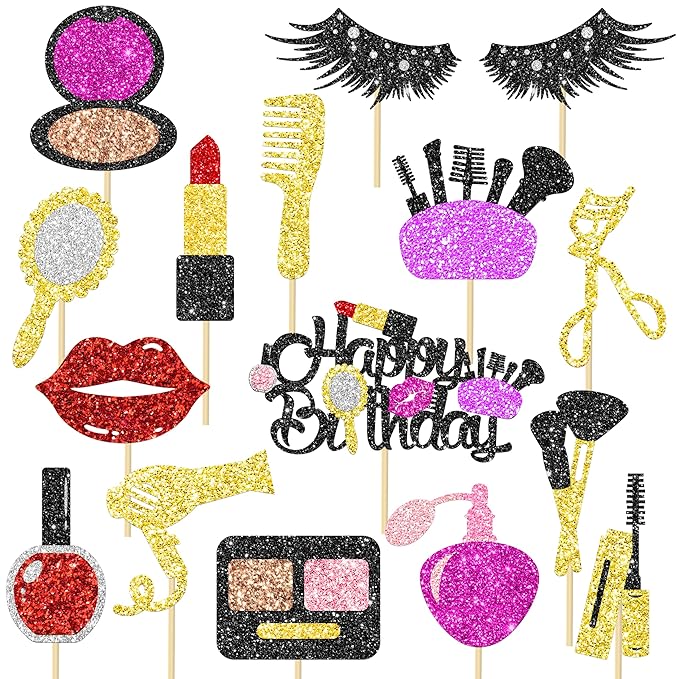 16Pcs Glitter Makeup Party Centerpiece Sticks Spa Makeup Party Decorations Cosmetics Lipstick Eyelashes Perfume Theme Table Centerpiece for Girls Women Birthday Party Party Bridal Shower Supplies