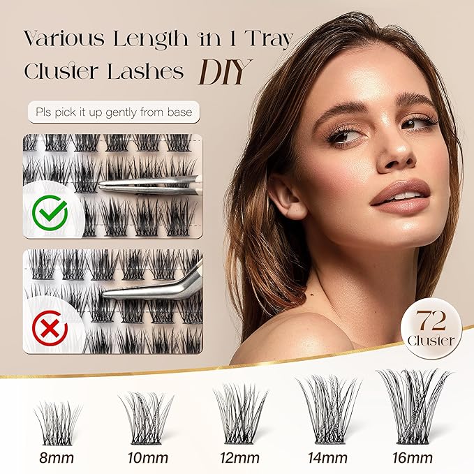 BEFER Lash Clusters, 72 Pcs D Curl Eyelash Super Fluffy Lightweight Individual Lashes 8-16MM Cluster Eyelash Extensions DIY At Home(Serenity,FD27)