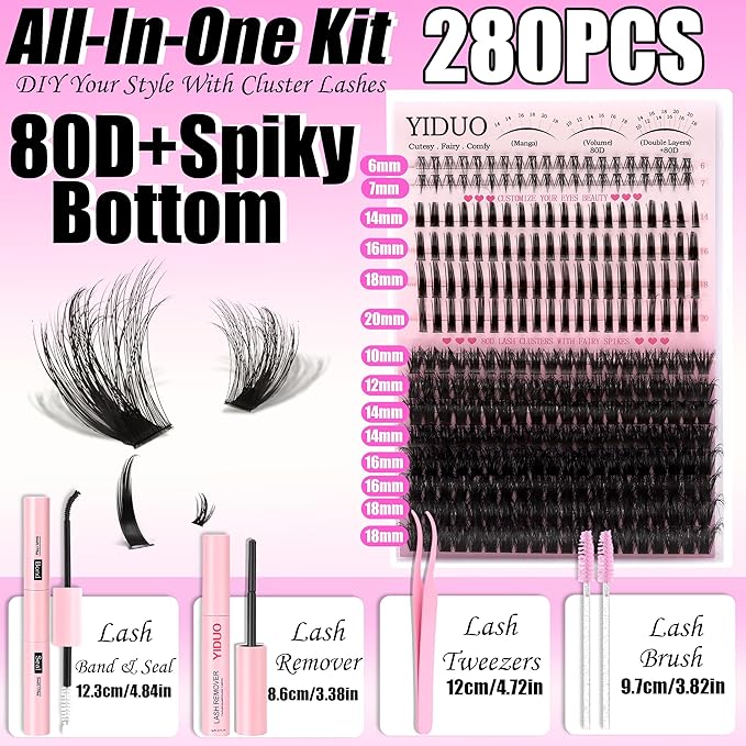 80D Volume Lash Clusters Kit with Long 14-16mm Lashes Spikes+Bottom Clusters Eyelash Extension Kit 280Pcs D-curly Wispy Individual Lash Extensions Kit DIY Spiky Lash Bond and Seal by YIDUO