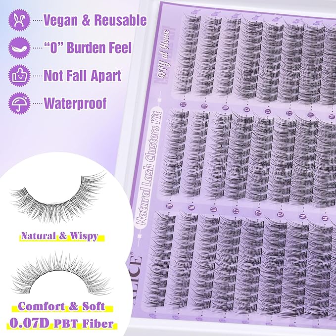 ALICE Natural Lash Clusters Kit Wispy Lash Extension Kit Thin Band Cluster Eyelash Extension Kit 270pcs C-Curly 10-14mm Individual Lashes with Lash Glue Bond and Seal Self Application at Home