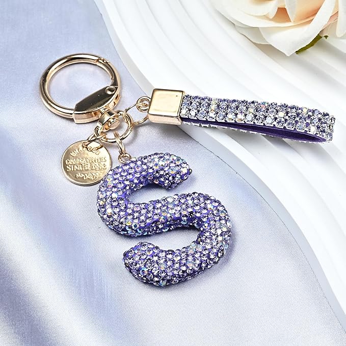 Pink Blue White Initial Letter Keychain Gift for Women Girls Bling Sparkly Cute Backpack Car Key Accessories Lanyard