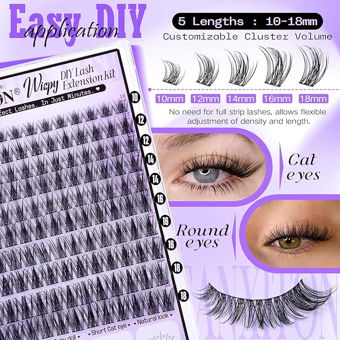 Wispy Lash Clusters Kit for a Natural Look DIY Lash Extension Kit 10-18mm Lash Bond & Seal Glue Lash Tweezers Individual Cluster Lashes for Subtle Enhancement