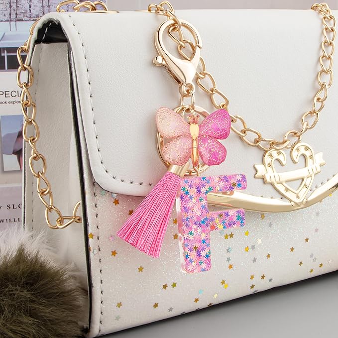Suweibuke Cute Pink Key Chains for Women Girls, Initial Letter Keychains with Tassel, Charms for Key Purse Handbags Backpacks