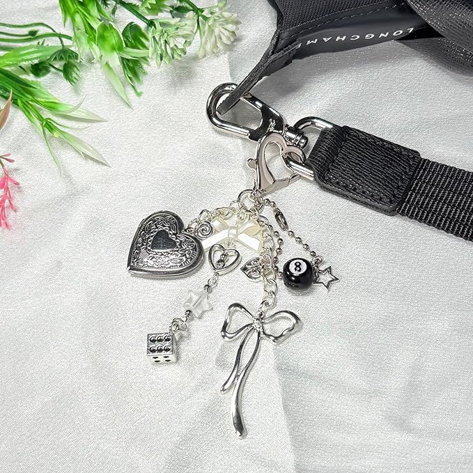 Cute Heart Locket Keychain,Y2k Bag Charms,Kawaii Photo Key Chain,Bow 8 Ball Star Dice Aesthetic Accessories for Women