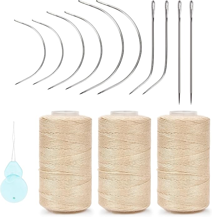 XCZYN Needle and Thread Set Professional Hair Extension Tools 10Pcs Curved Needle with 3Pcs Beige Threads for Making Wig DIY Hand Sewing Hair Weave Extension (3 Thread, Beige)