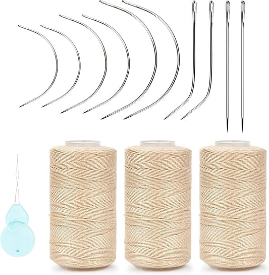 XCZYN Needle and Thread Set Professional Hair Extension Tools 10Pcs Curved Needle with 3Pcs Beige Threads for Making Wig DIY Hand Sewing Hair Weave Extension (3 Thread, Beige)