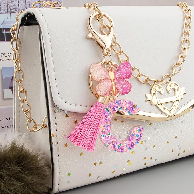 Suweibuke Cute Pink Key Chains for Women Girls, Initial Letter Keychains with Tassel, Charms for Key Purse Handbags Backpacks