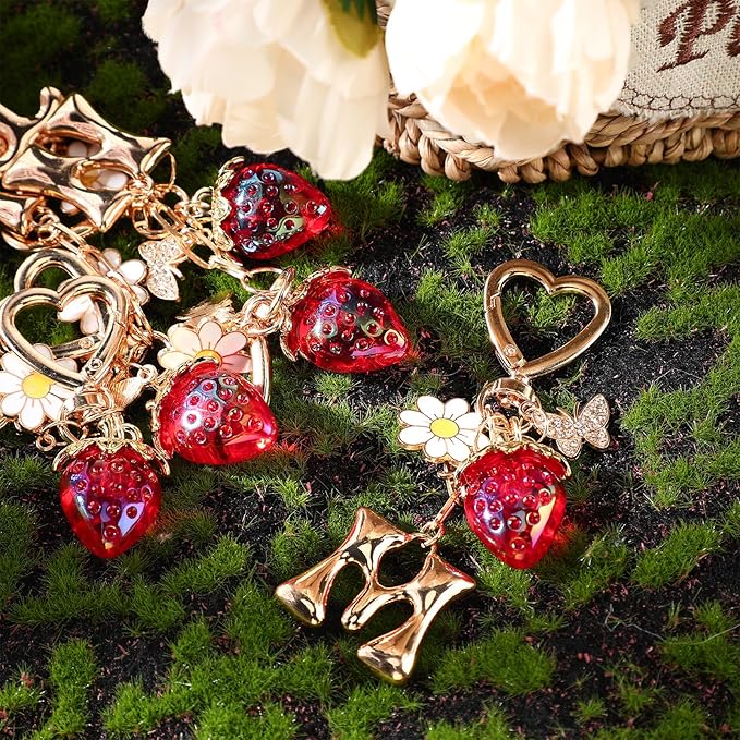 Strawberry Initial Keychain for Women-Cute Kawaii Gold Alphabet Bag Charms, Key chain Gift for Purse Handbag