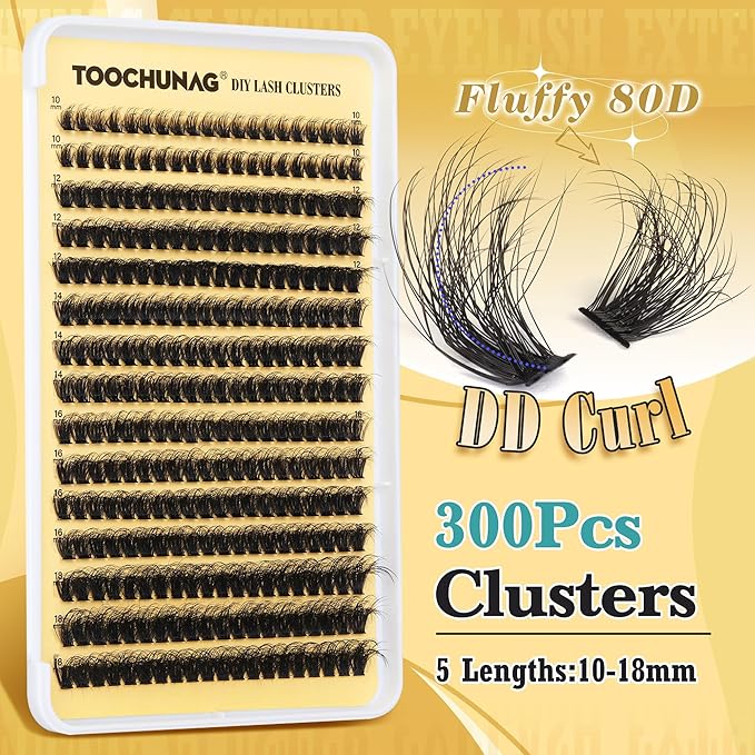 Fluff 80D Lash Clusters 300pcs Eyelash Clusters DD Curly Thick Cluster Eyelash Extensions 10-18mm DIY Wispy Individual Lashes Extension Mink Eyelashes Clusters by TOOCHUNAG