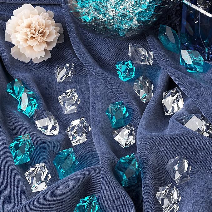 Acrylic Crushed Ice Rocks, Babenest 150 PCS Fake Crystals Plastic Ice Cubes Diamonds Gems for Vase Fillers, Home Decoration, Table Scatter, Event, Wedding, Arts & Crafts (Baby Blue/Clear)