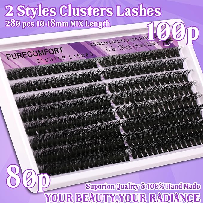 DIY Lash Extension Kit, 280 Cluster Lashes 2 Densities (80P/100P) 10-18mm Mixed Length, Knot-Free Handmade Lashes with Bond/Seal Glue, Remover & Tweezers, Beginner-Friendly for Daily & Party Looks