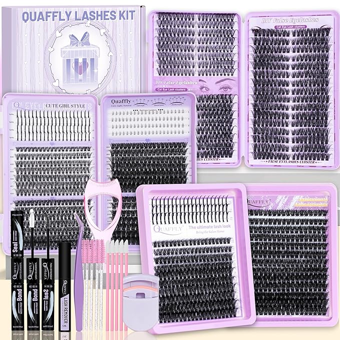 Lash Clusters Kit 1790Pcs With Spike and Bottom Lash DIY Individual Lashes Extension Kit Lash Bond&Seal Remover Tweezer Brush Mascara Shield Lash Curler For False Eyelash Cluster Kit At Home