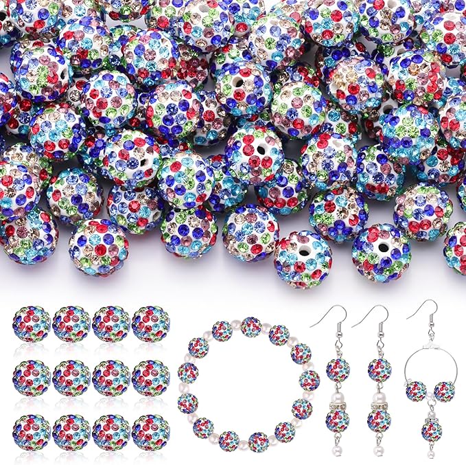 120pcs 10mm Rhinestone Beads for Jewelry Making, White Mixed Shiny Round Shamballa Disco Ball Beads, Sparkle Crystal Clay Christmas for Bracelet Baseball Necklace Earring Crafting and DIY