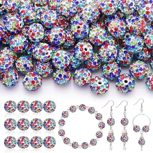 120pcs 10mm Rhinestone Beads for Jewelry Making, White Mixed Shiny Round Shamballa Disco Ball Beads, Sparkle Crystal Clay Christmas for Bracelet Baseball Necklace Earring Crafting and DIY