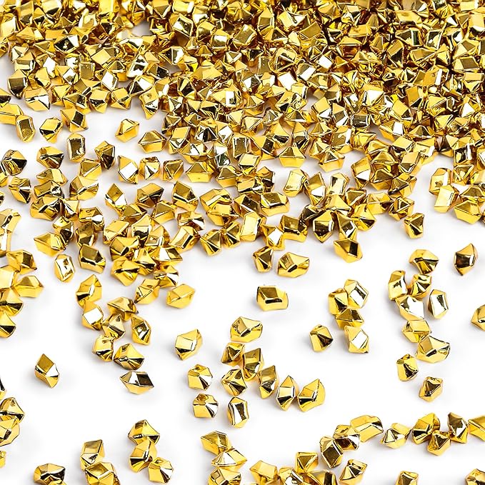 DOMESTAR 4200PCS Gold Fake Ice Rocks, 1LB Acrylic Crushed Ice Rocks Mini Fake Diamonds for DIY Craft Wedding Vase Fillers 0.2" x 0.28"