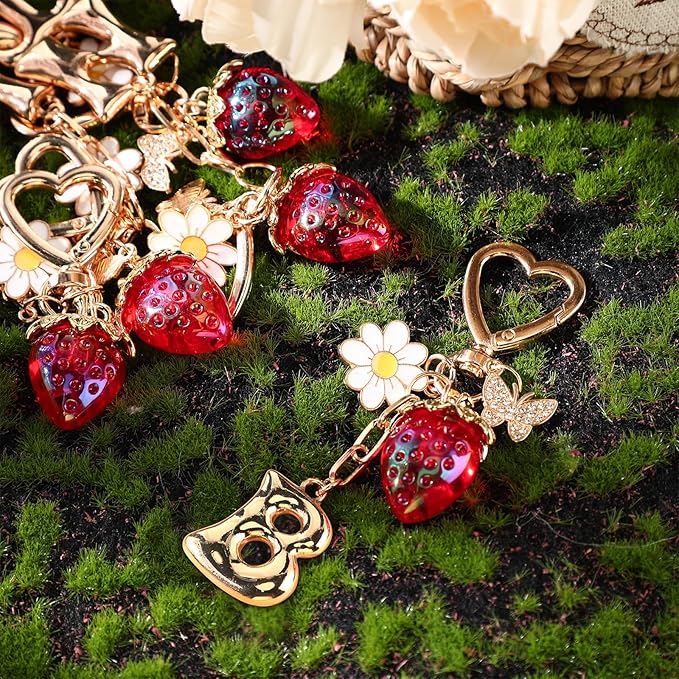 Strawberry Initial Keychain for Women-Cute Kawaii Gold Alphabet Bag Charms, Key chain Gift for Purse Handbag
