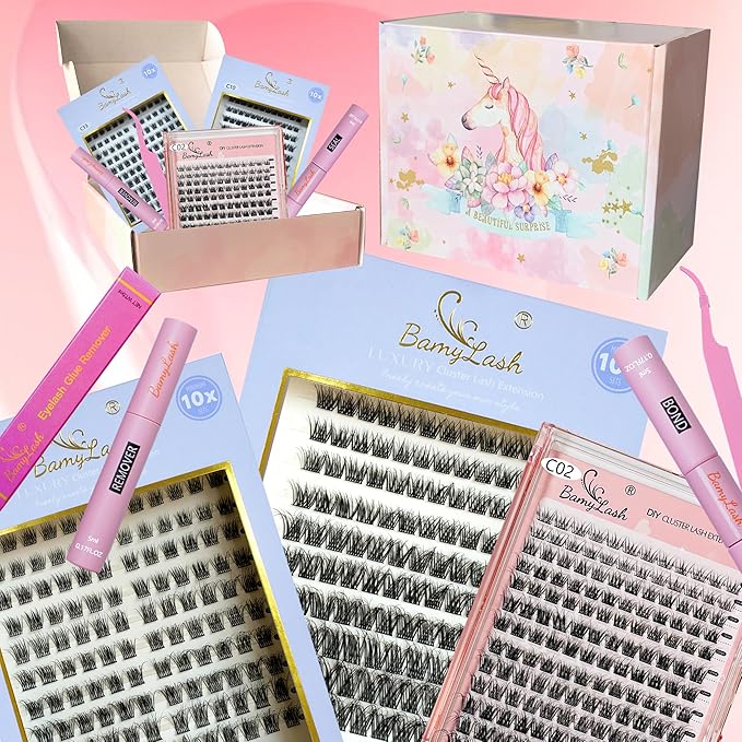 BamyLash DIY Cluster Lash Extension Kit, Professional Volume Eyelash Set, Black (C02+C10+C13 Lash Set)
