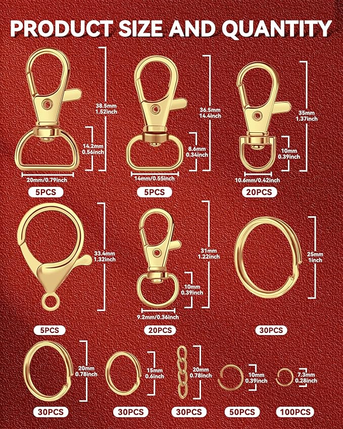 325PCS FIVEIZERO Keychain Making Kit - Keychain Clips with Key Ring, Lobster Claw Clasp, Swivel Snap Hook, Jumprings & Extender Chain for Crafts, DIY Projects & Purse Making Supplies (Gold)