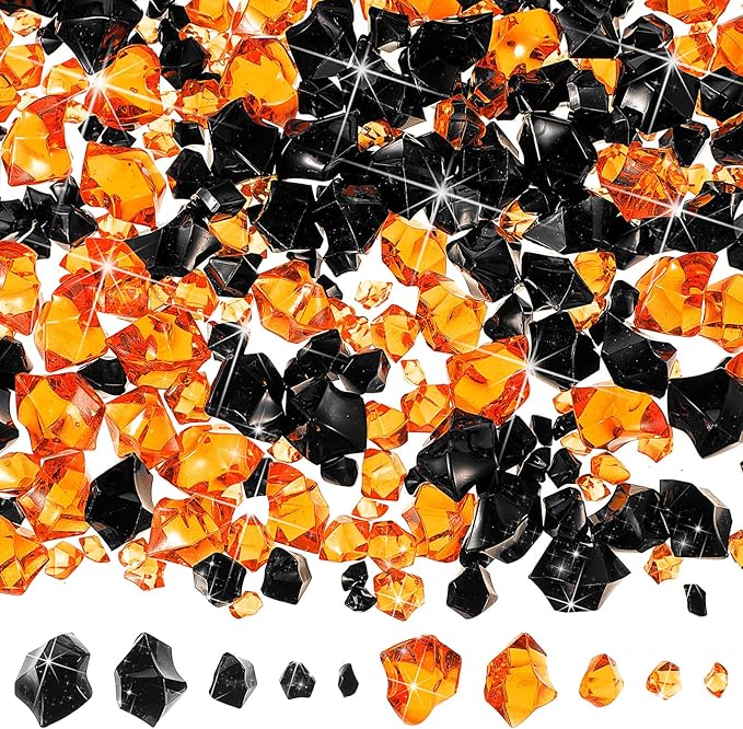Syhood 570 Pcs 5 Sizes Orange and Black Fake Crushed Ice Rocks Acrylic Crystal Gems Plastic Diamonds Marble for Vase Fillers Decoration Wedding Table Scattering Room Halloween Decor
