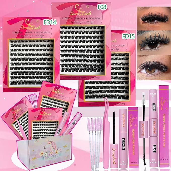 BamyLash DIY Cluster Lash Extension Kit, Professional Volume Eyelash Set, Black (F08+FD14+FD15 Lash Set)