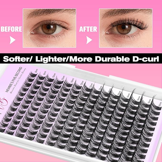 VEYESBEAUTY Lash Clusters Kit Individual Eyelash Extensions Thin & Invisible Band DIY False Eyelashes Newbie's Five-Second Series Wispy Lash Tray, Bomb KIT with Bond&Seal Remover Applicator
