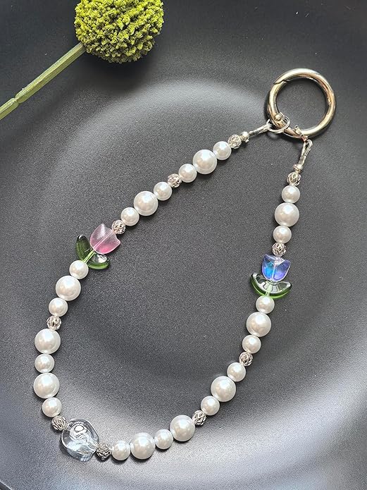 White Pearl Beaded Phone Bracelet wristlet,Cellphone Lanyard Charm Camera Wrist Strap with Pink and Blue Crystal Flowers, Green leaf, White and Pink