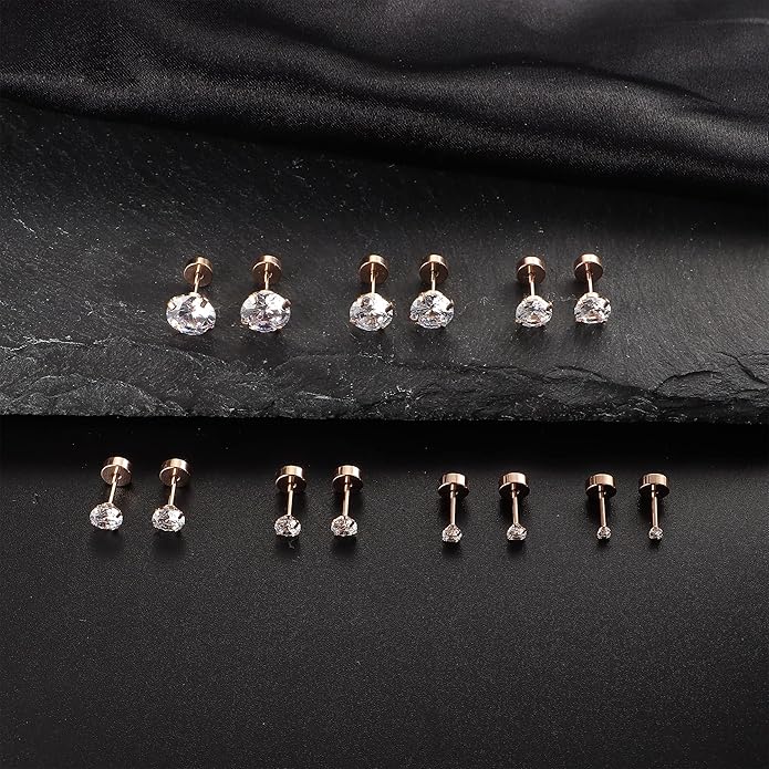 Fansilver 20G Hypoallergenic Flat Back Earrings for Women Men Silver 14K Gold Stainless Steel Stud Earrings Brithstone Cubic Zirconia Studs Surgical Steel Cartilage Earrings for Sensitive Ears