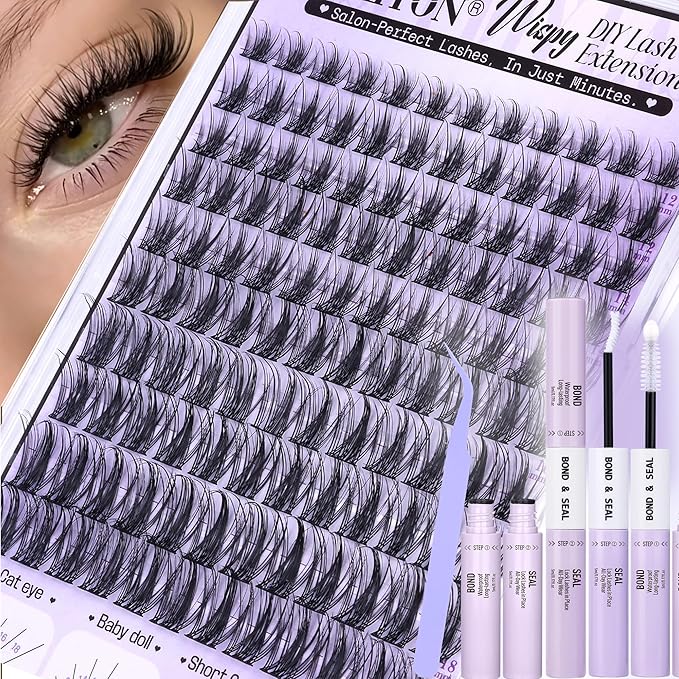 Wispy Lash Clusters Kit for a Natural Look DIY Lash Extension Kit 10-18mm Lash Bond & Seal Glue Lash Tweezers Individual Cluster Lashes for Subtle Enhancement