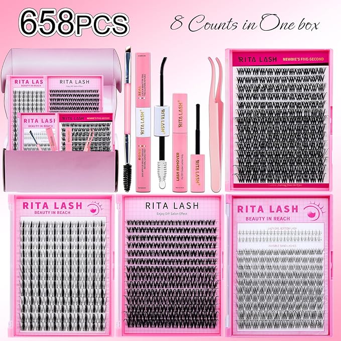 Lash Clusters Kit Eyelash Clusters Kit Fairy Cluster Eyelash Extensions Large Pack Lashes Clusters Lash Extension Kit Pestañas Postizas Naturales+Lash Bond&Seal,Remover,Tweezers,Brush(Lash Kit-8)