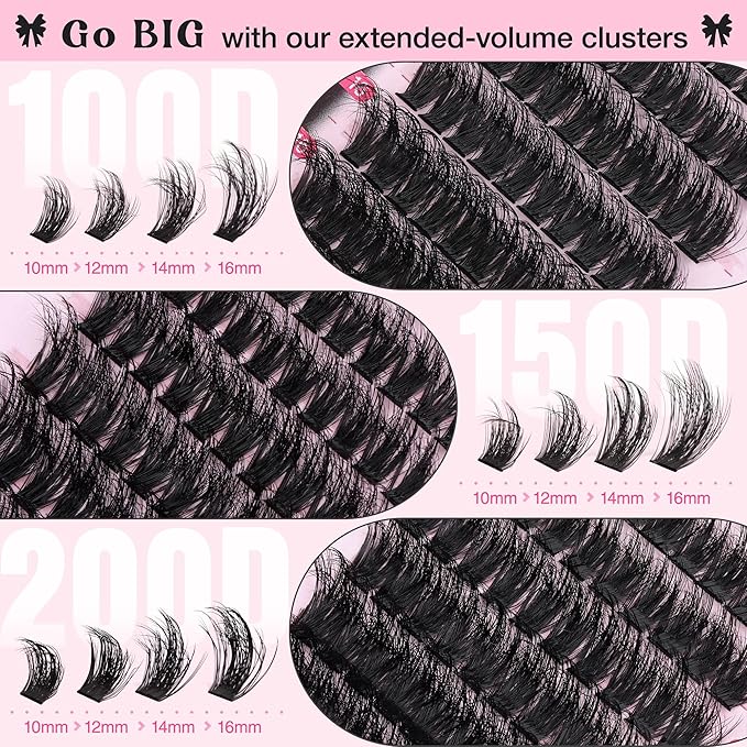 Goddvenus Fluffy Lash Clusters Kit Thick 100-150-200D Volume Eyelash Clusters Kit 10-16mm Wispy Individual Lashes Kit D Curl Cluster Eyelash Extensions 300pcs DIY Lash Extension for Beginners